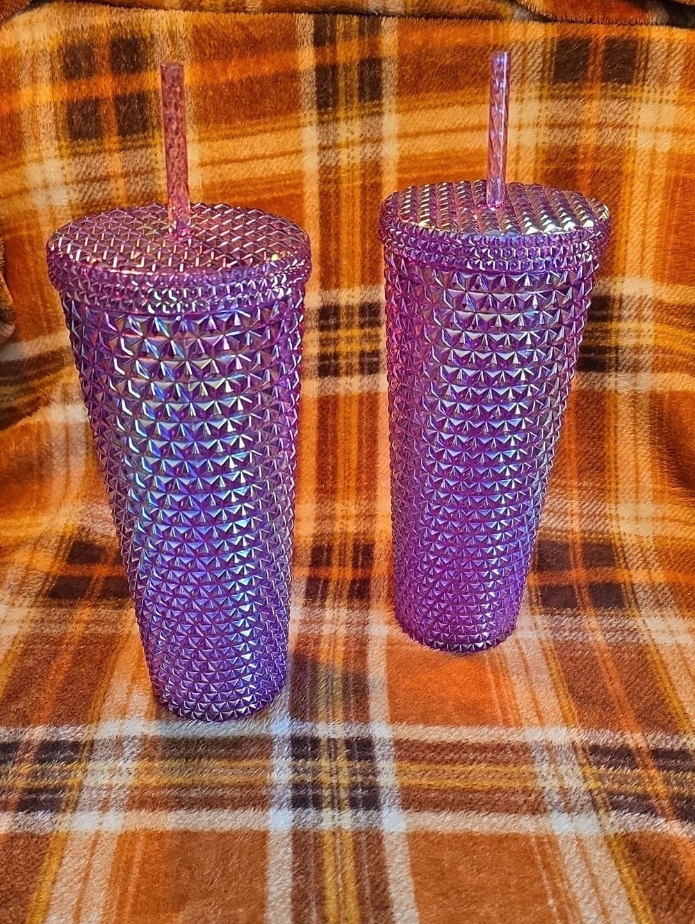 Way to Celebrate! Set of 2 - Textured Purple Tumbler Cups with Lids and Straws